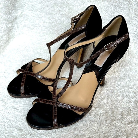 Michael Kors Shoes - Michael Kors Women’s 7.5 Black Seude Brown Snake Skin T Strap Heel Made in Italy